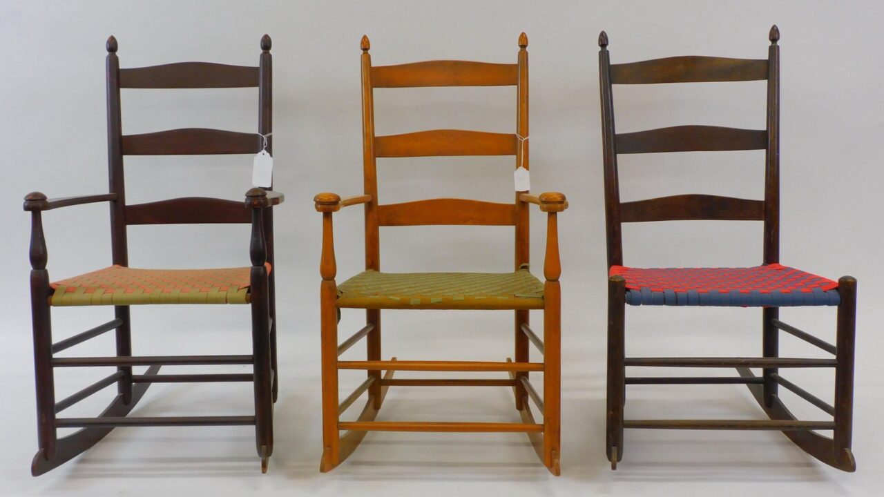 Shaker No. 1 Rockers by Unknown Artist. Late 19th century Maple ladder back chairs with tape seats