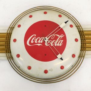 Coca-Cola Advertising Clock by Kaye Manufacturing Inc. Circa 1948 Metal and Masonite Wings 36" Wide 18 1/2" Diameter