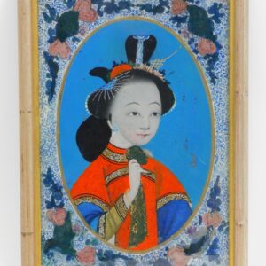 19th Century Chinese Reverse Painted Portrait of Young Woman in Faux Bamboo Frame.