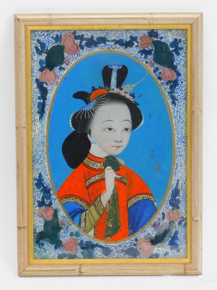 19th Century Chinese Reverse Painted Portrait of Young Woman in Faux Bamboo Frame.