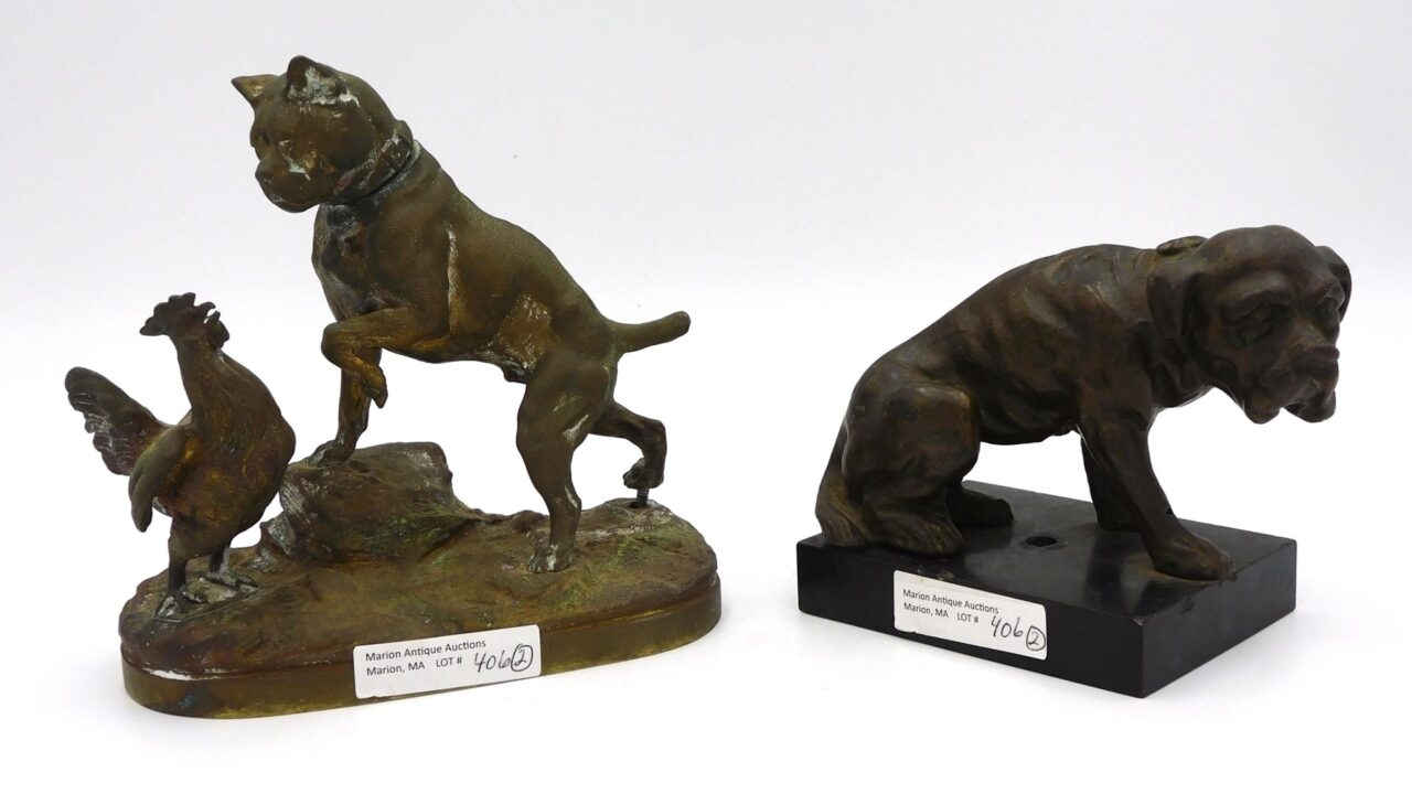 Prosper Lecourtier Bronze Dog and Rooster Sculpture