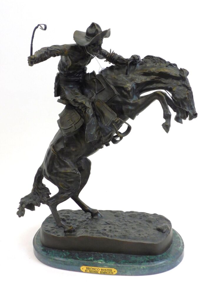 Frederick Remington Bronco Buster Recast Bronze Late 20th Century Green Marble Base 23" x 18" Very Good Condition