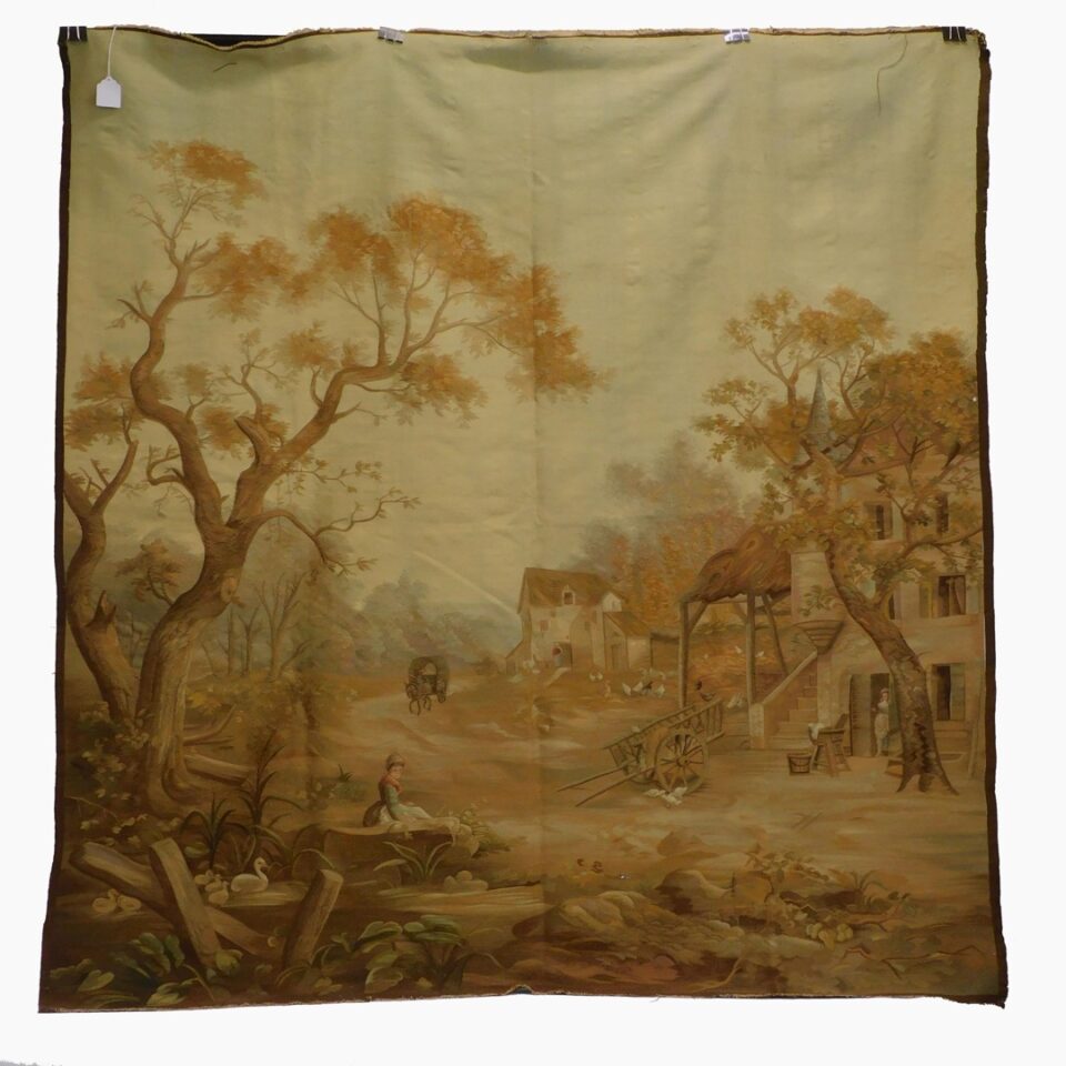 19th Century Wool Tapestry of Romanticized Peasant Scene with Swans