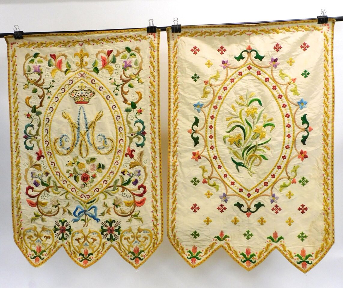 19th Century French Ecclesiastical Altar Cloths with Infant Crown and Floral Banner by Unknown Artist