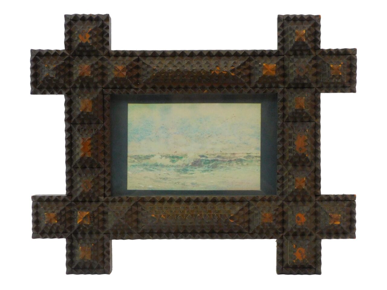 Fredrick Oakes Sylvester (1869-1915) Watercolor Seascape 1896 in Tramp Art Frame.