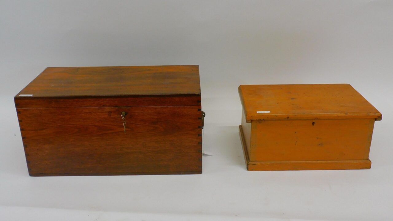 19th Century Dovetailed Wooden Boxes by Unknown Artists. Pine and Mahogany. Refinished. 8 3/4" x 18" x 11 1/2" and 12" x 24" x 12".