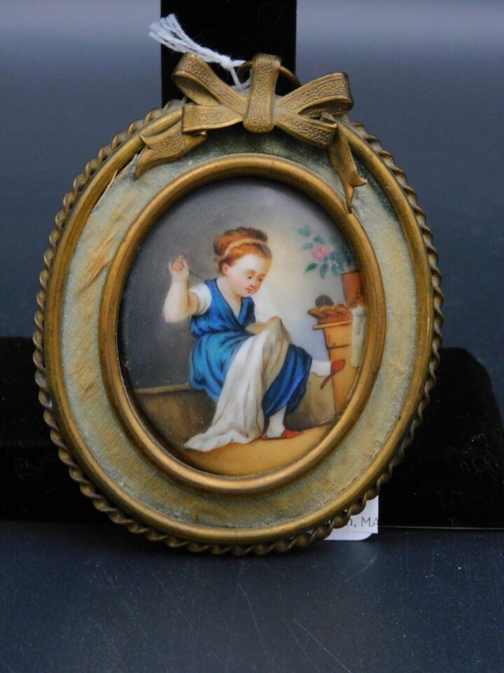 Antique Oval Porcelain Painting "Young Girl Sewing" by Unknown Artist