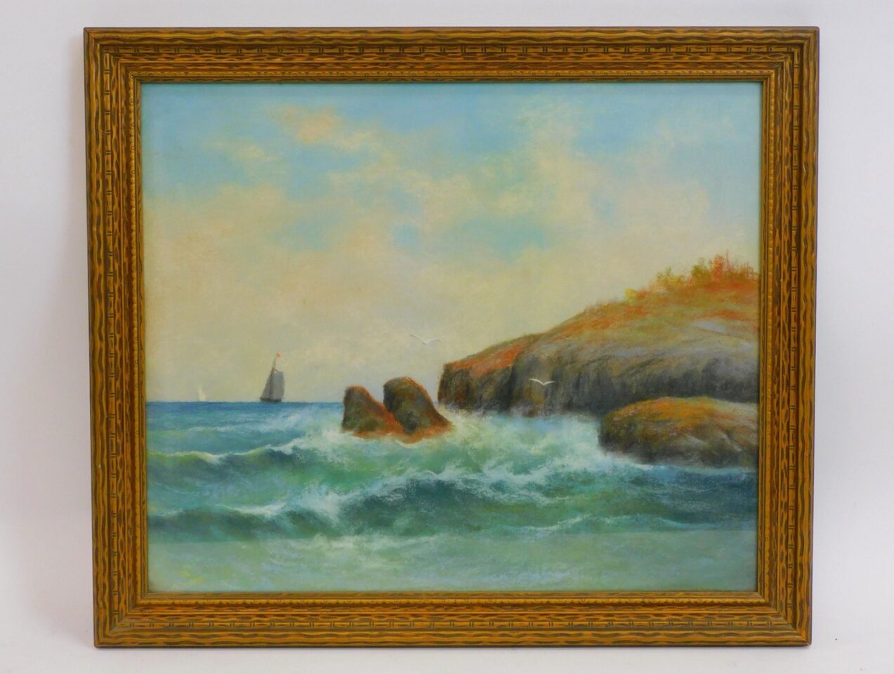 19th Century Coastal Seascape Pastel Painting of Rocky Shoreline with Ships and Birds by Unknown Artist