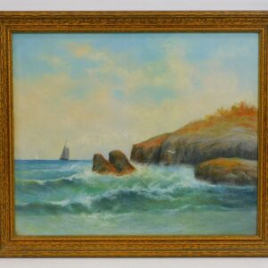 19th Century Coastal Seascape Pastel Painting of Rocky Shoreline with Ships and Birds by Unknown Artist