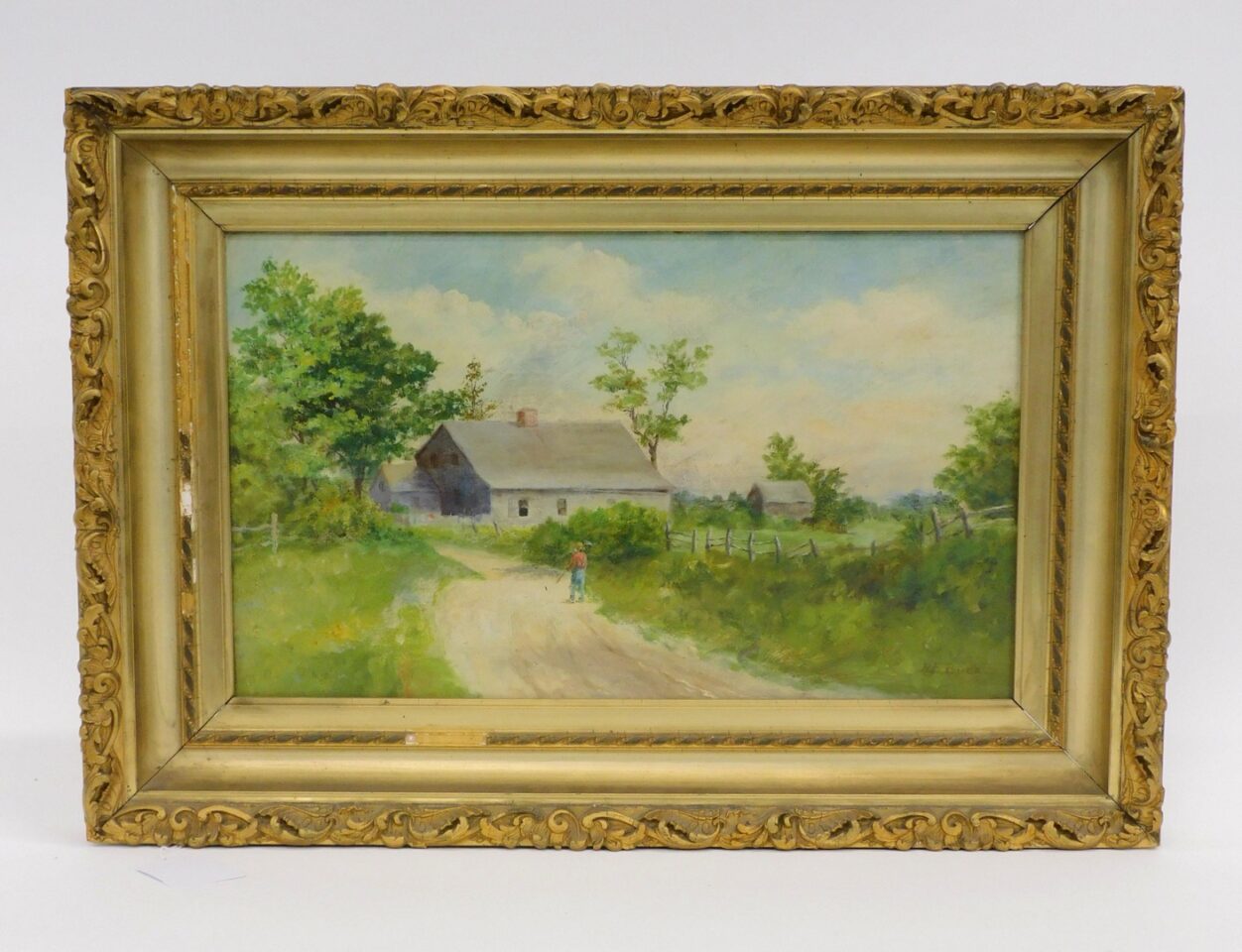 N. Evelyn Buck. Oil on canvas. Man on country road with house