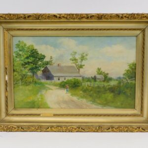 N. Evelyn Buck. Oil on canvas. Man on country road with house