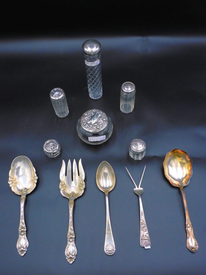 Sterling Silver Flatware and Glass Dresser Jars by Unknown Artist