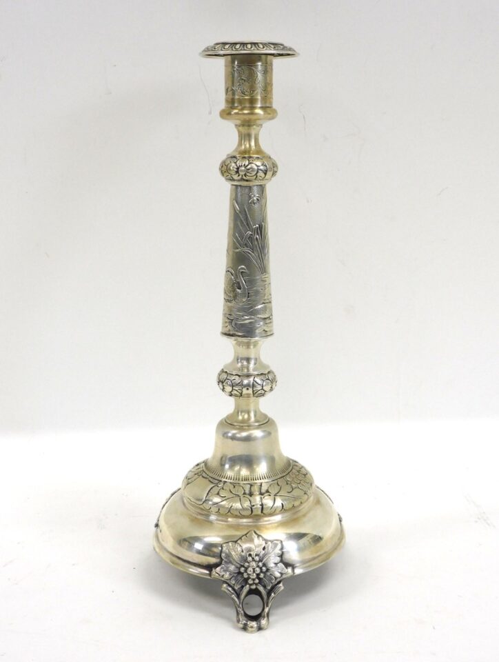 Russian Silver Candlestick by J. Ehrlich. 19th Century. Embossed with Swans