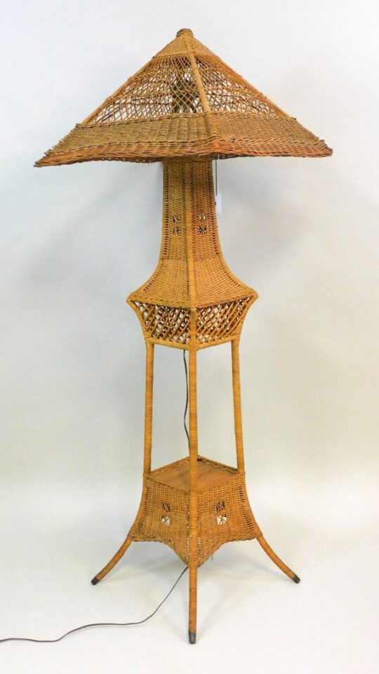 Wicker Floor Lamp by Mary Jean McLaughlin. Circa 1915. Pyramid Form Shade