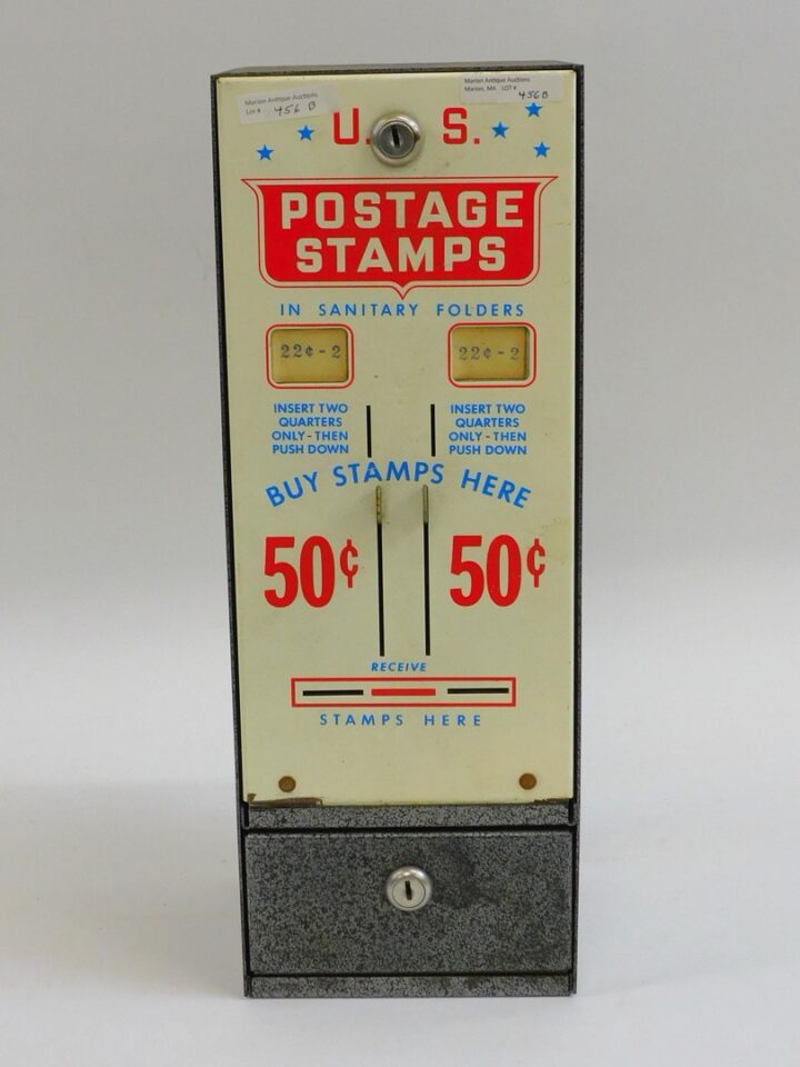 Vintage Brass Postage Stamp Dispenser by Unknown Artist 50 cents 17 1/2" high 6 1/2" wide 6" deep