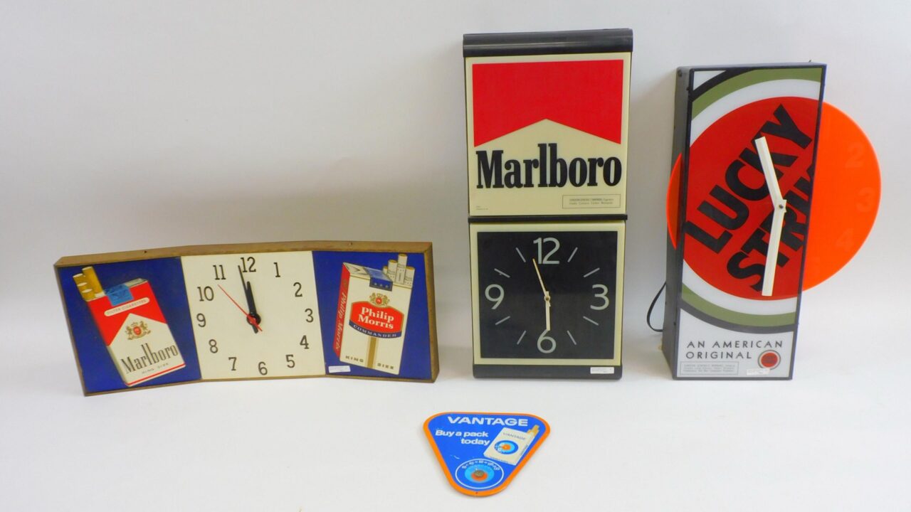 Vintage Tobacco Advertising Collection Including Illuminated Clocks and Thermometer