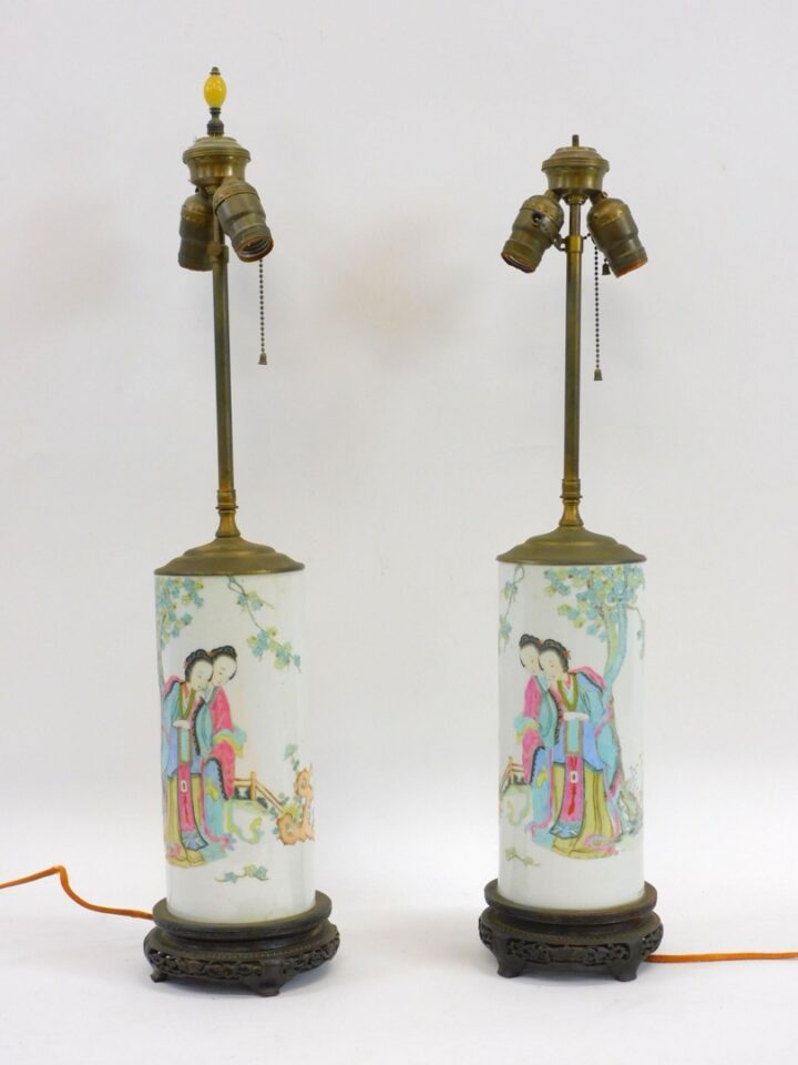 Pair of Chinese porcelain lamps with Ladies in Garden scenes