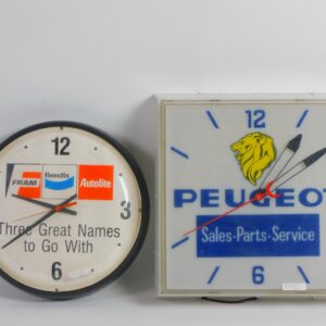 Vintage Advertising Clocks by Peugeot and Fram Bendix Auto Lite