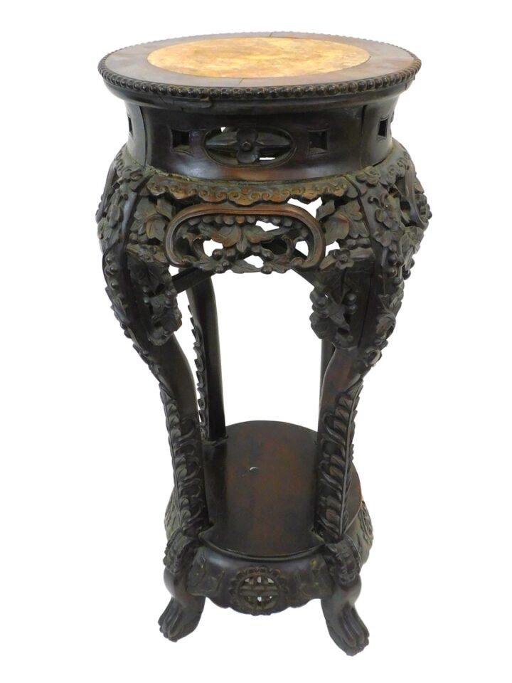 Late 19th-century Carved Teak Marble Top Two-Tier Stand by Unknown Artist