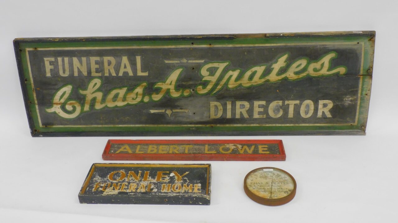 Charles Frates Funeral Director Advertising Signs and Thermometer