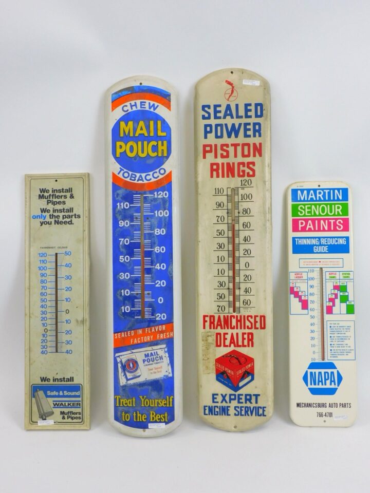 Vintage Metal Advertising Thermometers Featuring Walker Mufflers and Pipes