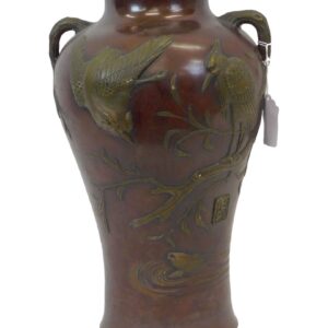 Late 19th-century Japanese Bronze Double-Handled Vase with Cranes and Koi Design.