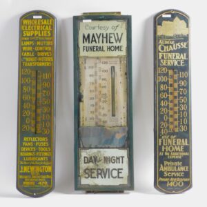 Vintage Metal Advertising Thermometers by J. Newington Co. & Aldege Chausse Funeral Service