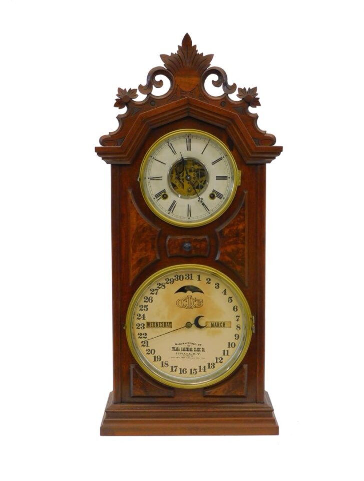 Late 19th Century Ithaca Double Dial Calendar Library Clock by Unknown Artist