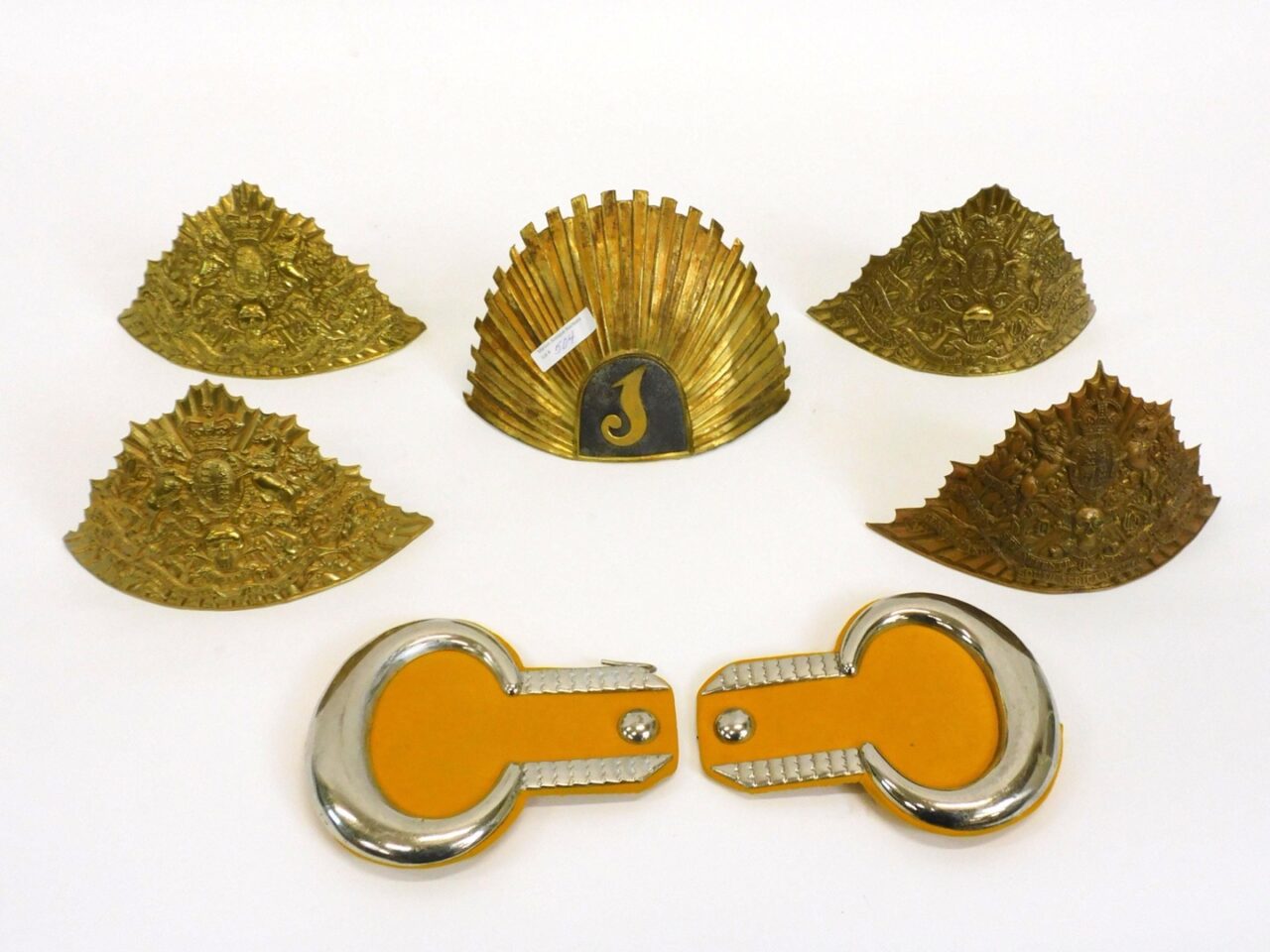 British Front Plate Helmet Trim from Boer War Era & French Front Plate Helmet Trim with Epaulets