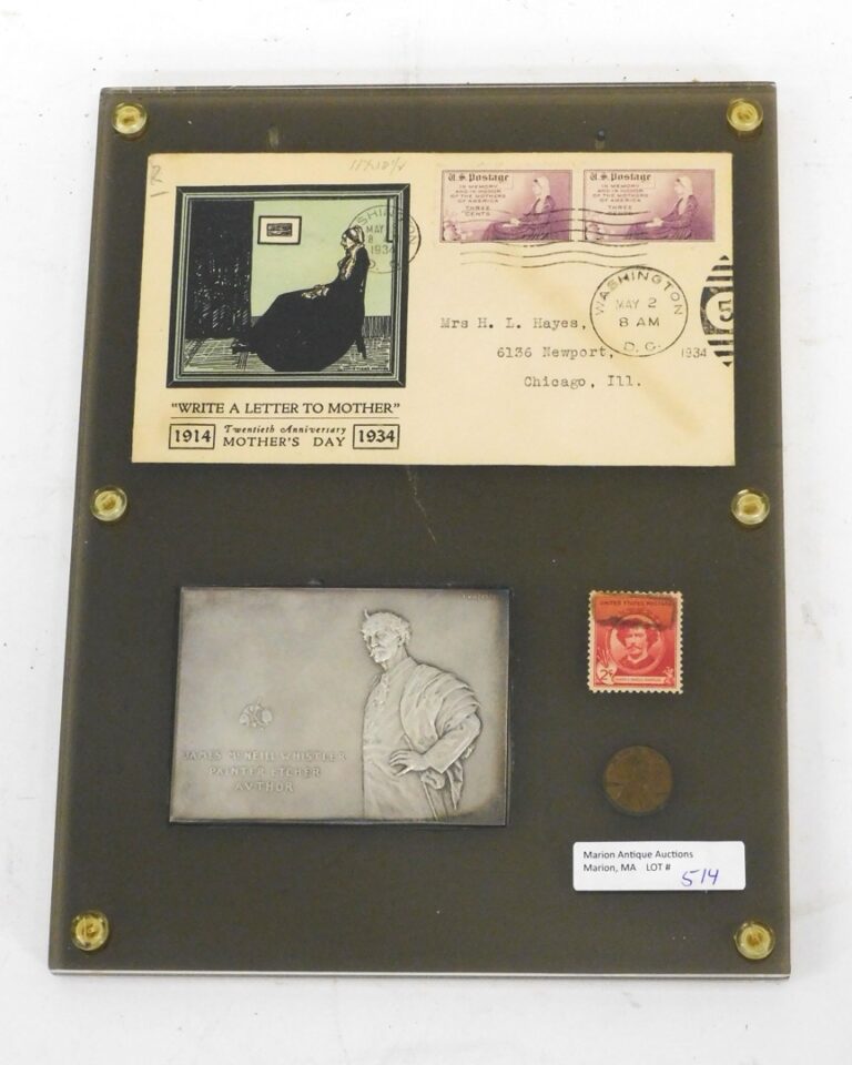 V.D. Brenner - 1905 James McNeill Whistler Silvered Bronze Plaque with Peacock Image and Stamps in Plexiglass Case