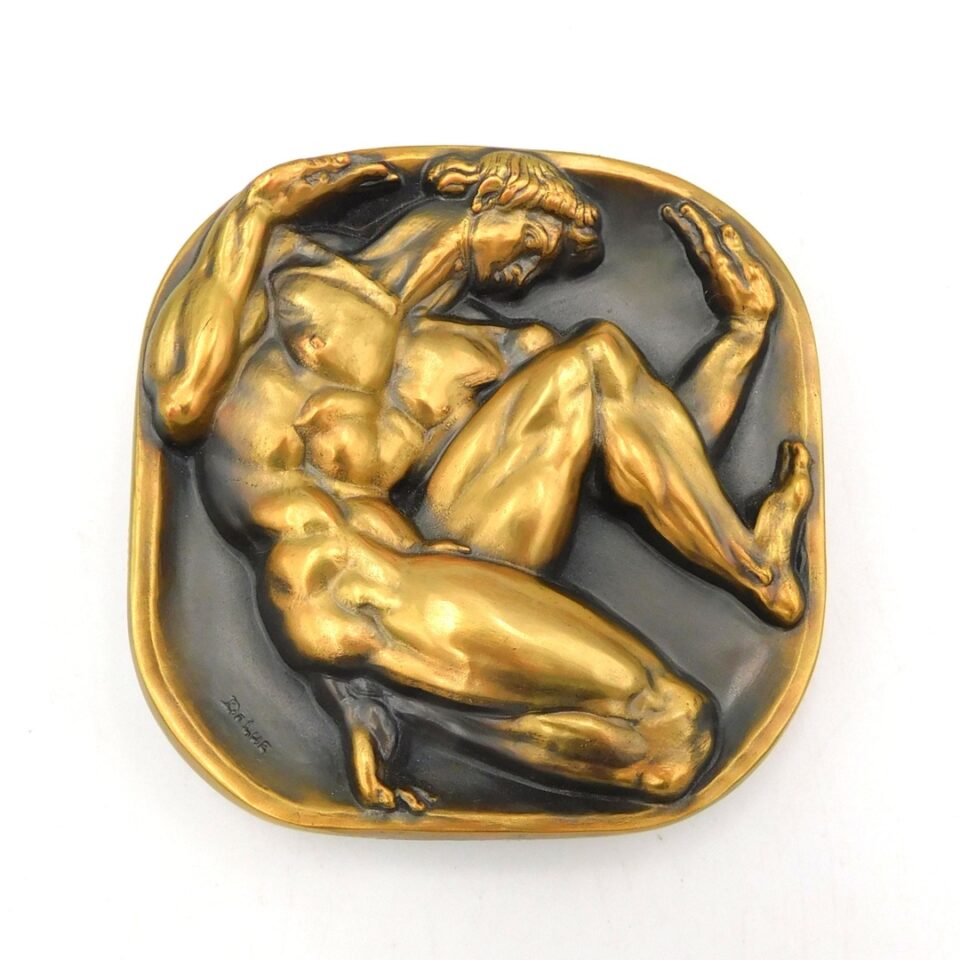 Donald Delue Gilded Bronze Medal "Bursting the Bonds" August 1985 Auction Catalog Artifacts Antique Sculpture Rare Square Shape