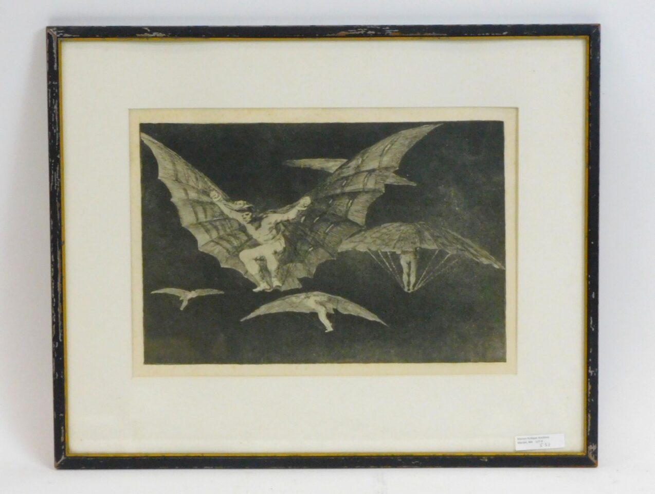 Francisco Goya Aquatint "One Way To Fly" 18th Century Spanish Art Auction Catalog Antique Wood Frame Label.