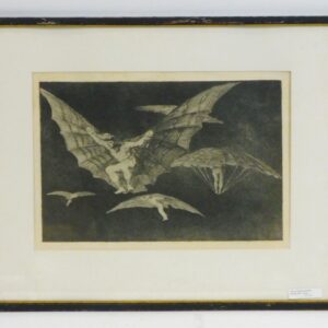 Francisco Goya Aquatint "One Way To Fly" 18th Century Spanish Art Auction Catalog Antique Wood Frame Label.