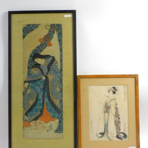 Mid-19th c Courtesan & Late 19th c Woman with Cat Woodblock Prints by Eisen School in Modern Frames.