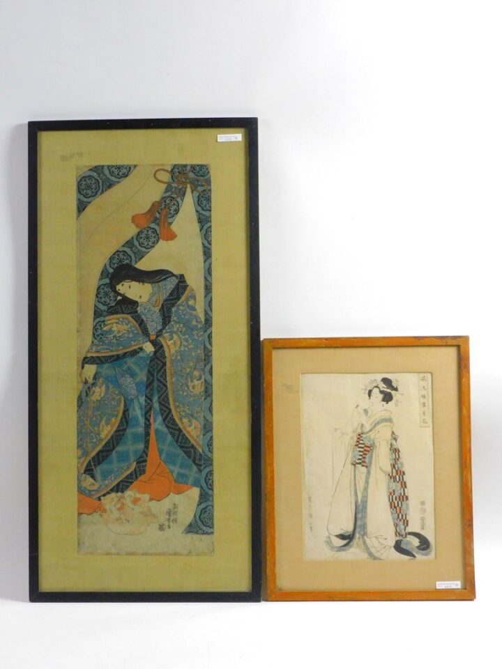 Mid-19th c Courtesan & Late 19th c Woman with Cat Woodblock Prints by Eisen School in Modern Frames.