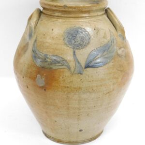 Attributed to Corlius Family. Rare Incised Ovoid Stoneware Jar. Late 18th / early 19th century. Floral design with blue tree verso.