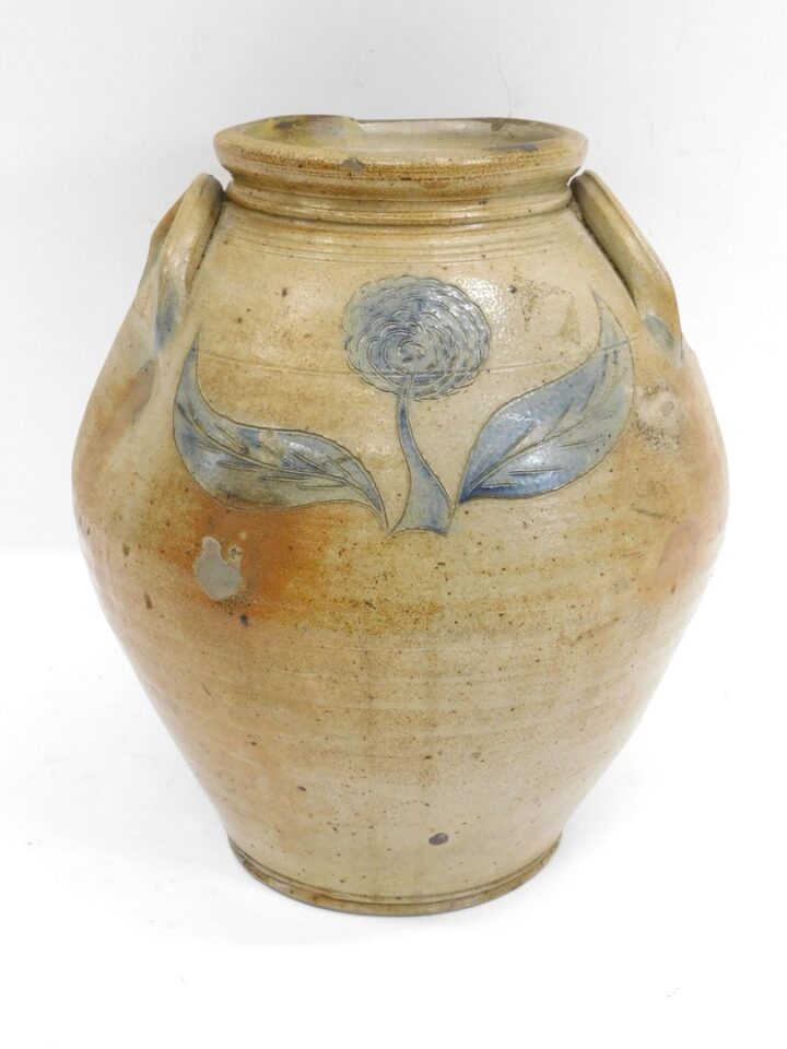 Attributed to Corlius Family. Rare Incised Ovoid Stoneware Jar. Late 18th / early 19th century. Floral design with blue tree verso.