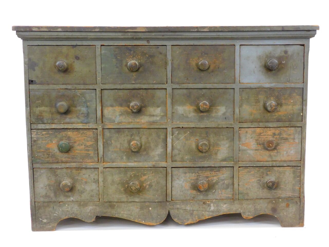 Early to mid-19th Century New England Pine Sixteen-Drawer Apothecary Cabinet with Original Blue-Gray Painted Surface