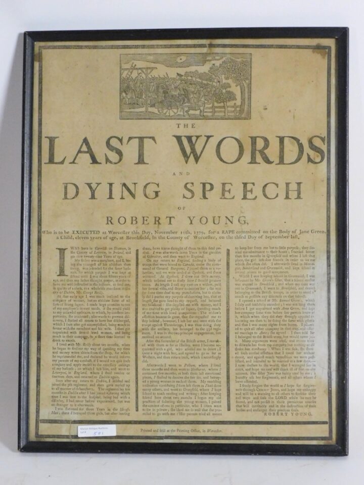 "The Last Words and Dying Speech of Robert Young" 1779 Broadside with Engraving of Hanging by Printing Office Worcester