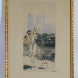 Louis Icart "On the Quay" Paris Etching and Aquatint 1920 in Carved Gilded Frame Auction Catalog Art Deco.