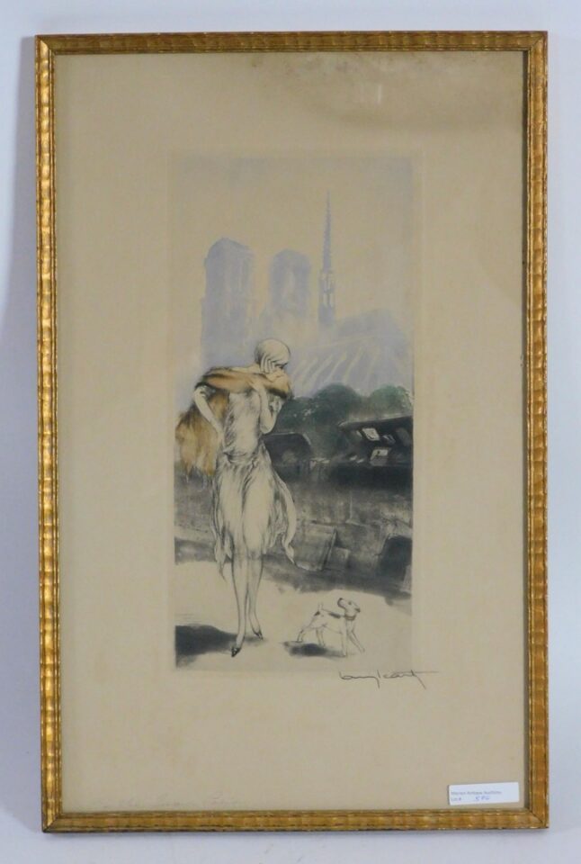 Louis Icart "On the Quay" Paris Etching and Aquatint 1920 in Carved Gilded Frame Auction Catalog Art Deco.