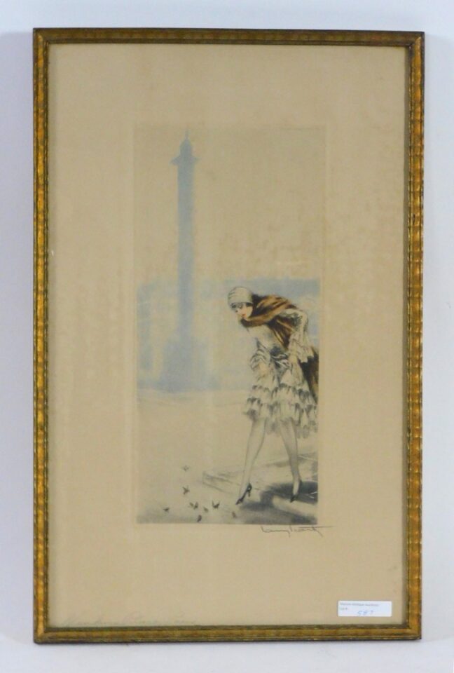 Louis Icart "Place Vendome" 1920 Etching & Aquatint with Hand Coloring in Carved Gilt Frame Auction Catalog