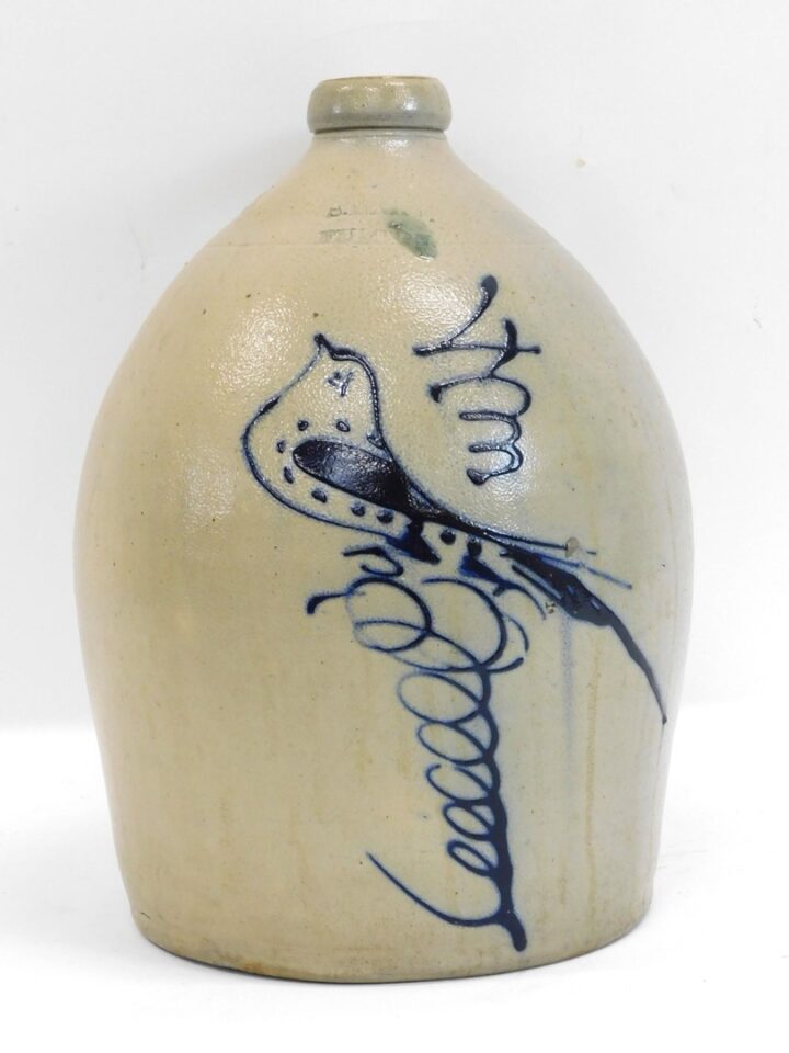 Large Stoneware Jug with Blue Bird Decoration by S. Hall Fulton