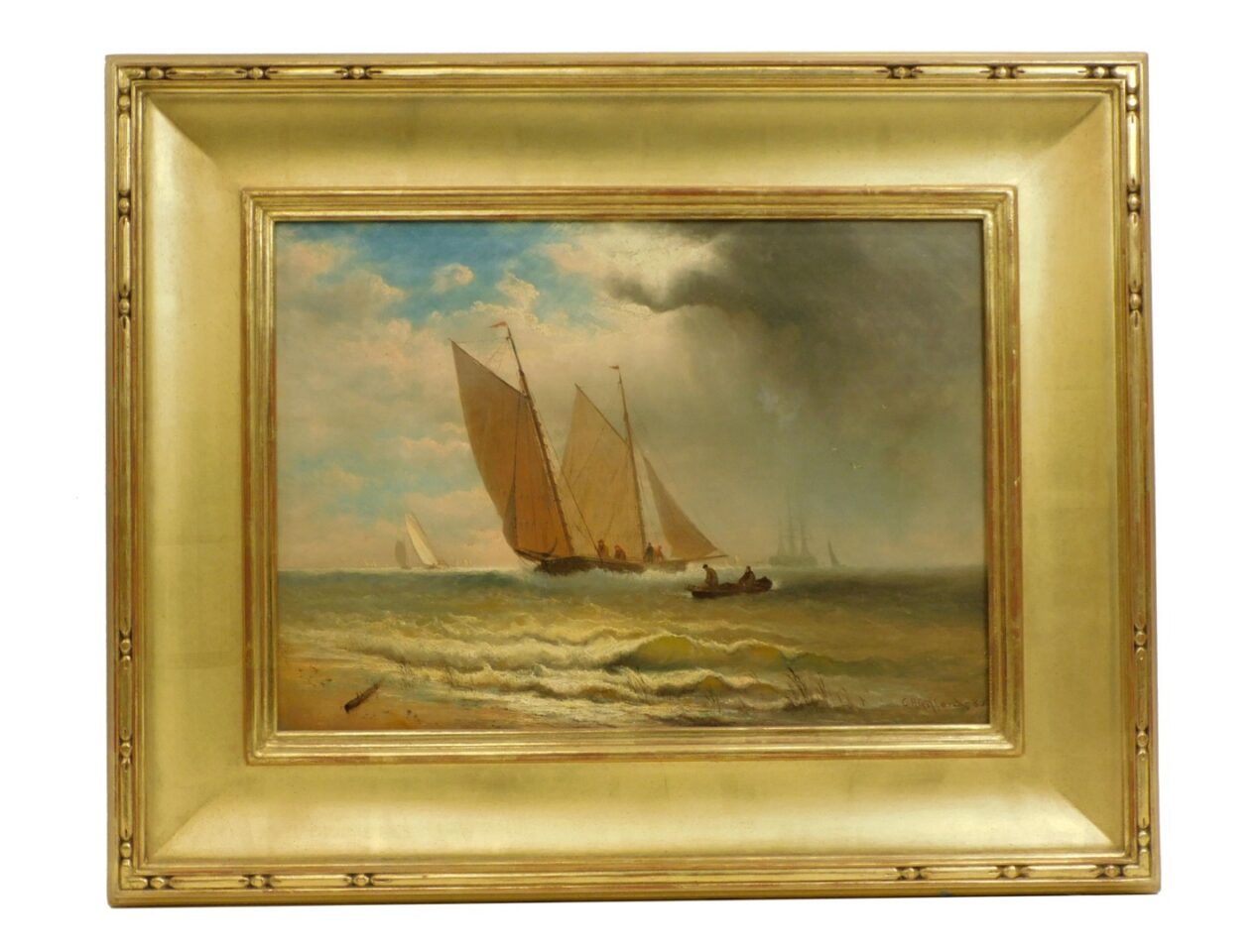 Charles Henry Gifford Sailboats Under a Darkening Sky Circa 1880 Coastal Seascape Oil Painting in Gilded Frame