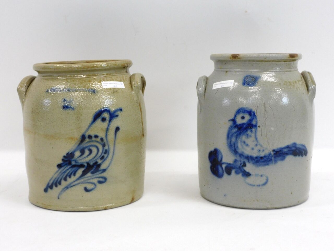 Pair of Stoneware Crocks with Blue Bird Decoration by N. White & Co. Binghamton