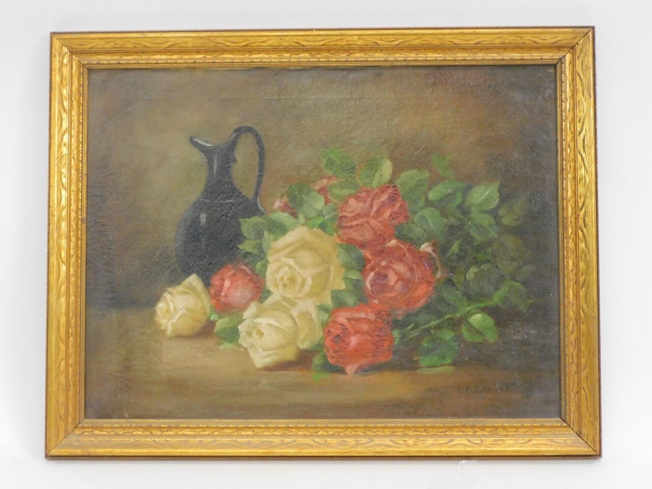 Henry Leon Sanger (1892-1949) Oil Painting on Canvas Still-Life of Roses and Ewer 20th Century Auction Catalog