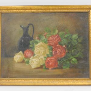 Henry Leon Sanger (1892-1949) Oil Painting on Canvas Still-Life of Roses and Ewer 20th Century Auction Catalog