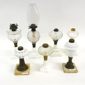 Assorted 19th Century Opalescent and Milk Glass Fluid Lamps by Various Makers.