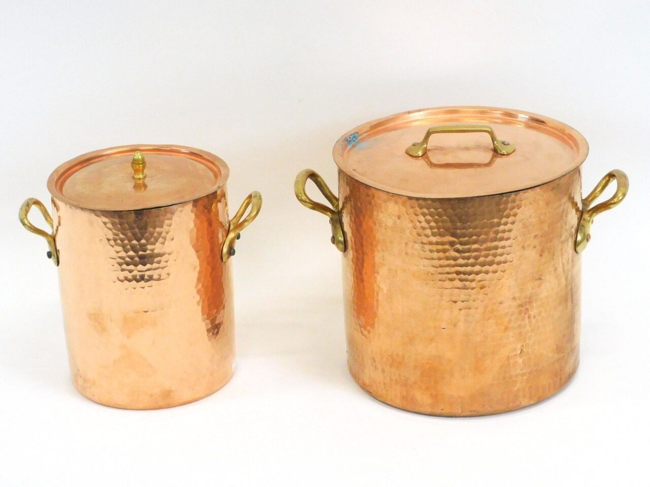 French Vintage Hammered Copper Pots by Matfer with Brass Handles