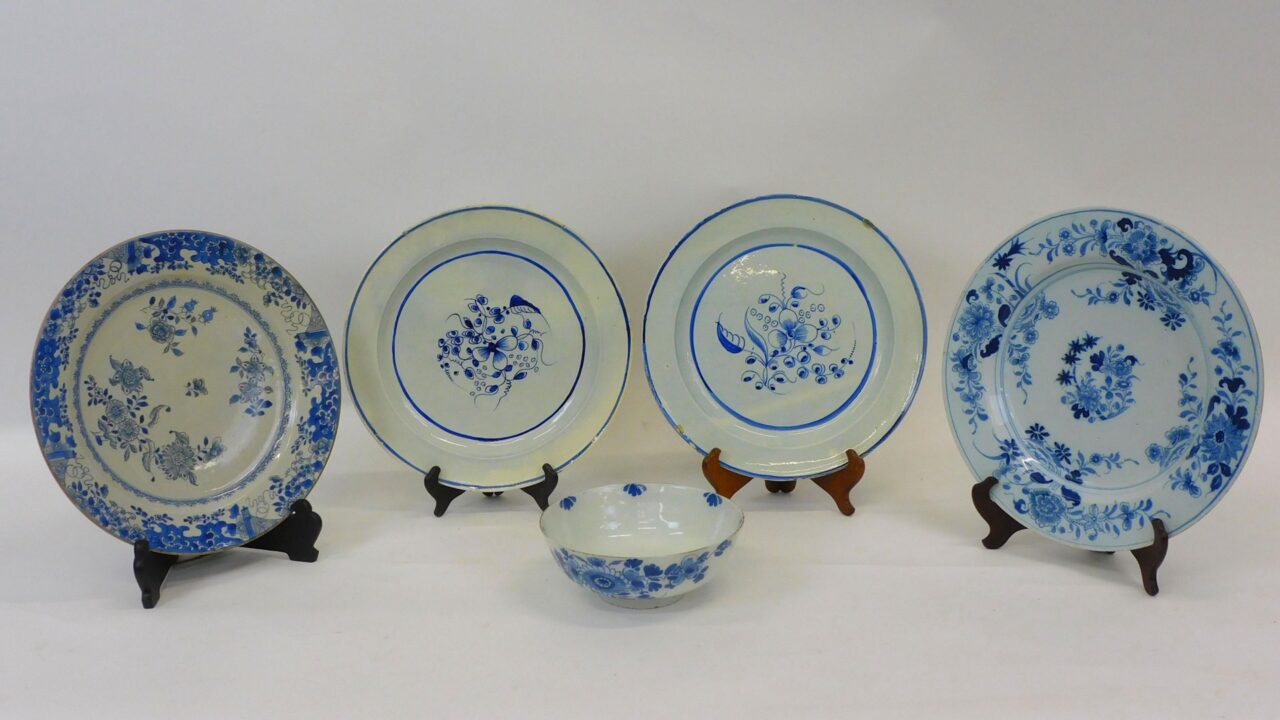 Delft Tin-Glazed Earthenware by Gauthier. 18th Century Blue and White Plates and Bowl.